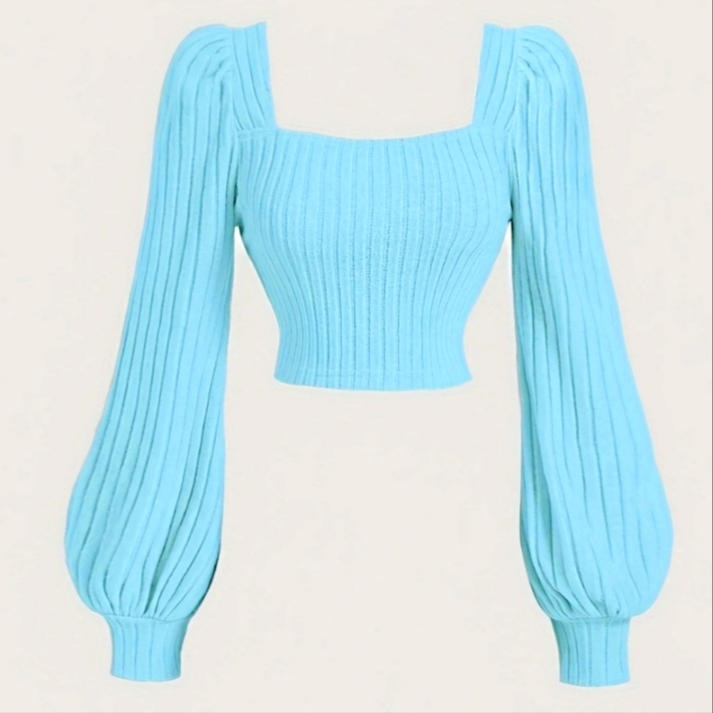 Blue Square neck with Balloon Sleeves and Ribbed Texture